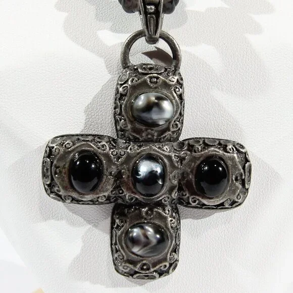 Silver Tone Cross and Black Beaded Necklace - Picture 5 of 6